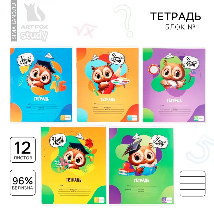 Тетрадь 12 листов в линейку, А5, на скрепке, блок №1 &laquo;Учись на 5+&raquo; МИКС