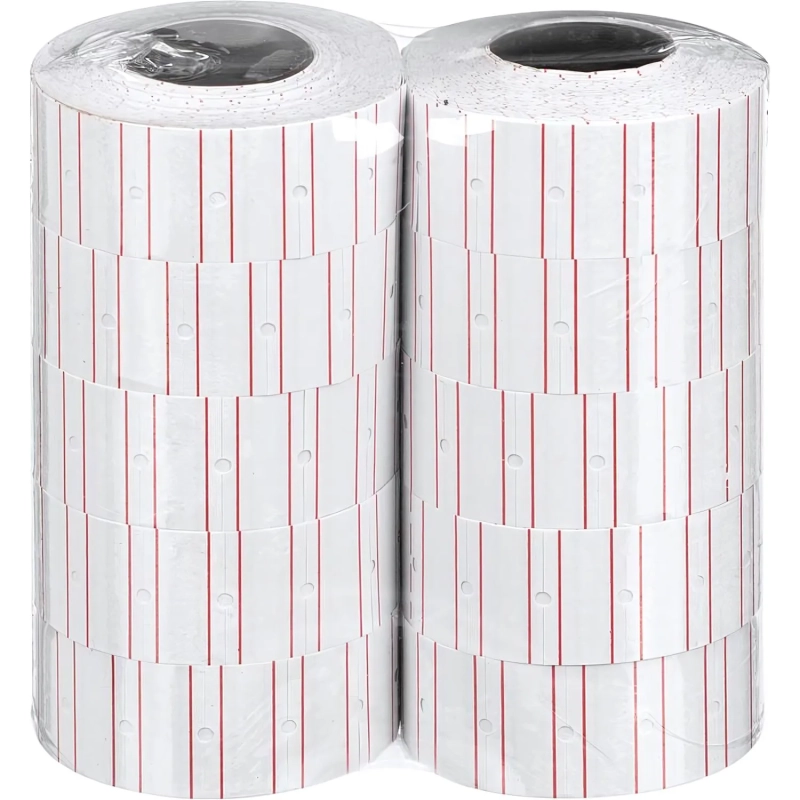 Этикет-лента 21,5х12 прямая белая с красной полосой, 1000шт/рул,10рул/уп