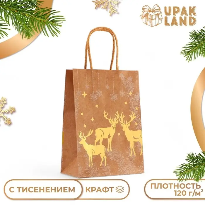 Пакет крафт с золотым тиснением, круглая ручка, «Новый год» 15×21×8 см, 120 г Пакет крафт с золотым тиснением, круглая ручка, «Новый год» 15×21×8 см, 120 г