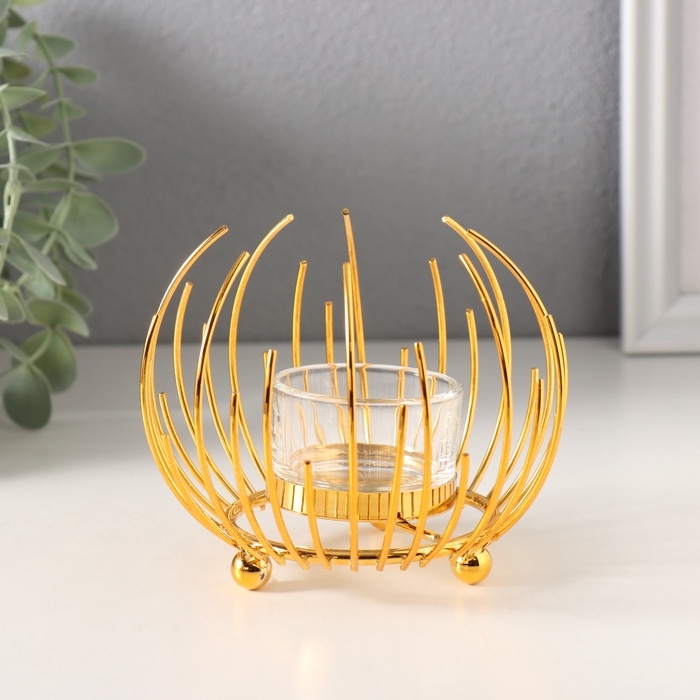 Подсвечник металл, стекло на 1 свечу Подсвечник металл, стекло на 1 свечу "Золотой цветок из прутьев" d=4,5 см 12х12х9 см