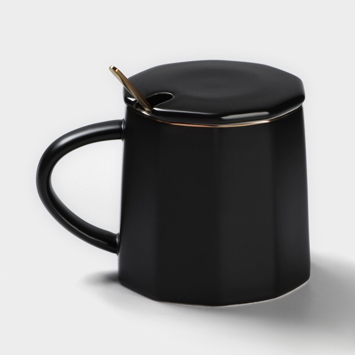 Кружка керамическая с ложкой Simple, 350 мл, цвет чёрный Кружка керамическая с ложкой Simple, 350 мл, цвет чёрный