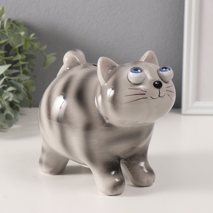 Копилка керамика Копилка керамика "Котик-пучеглаз серый полосатый" 11х15,2х13,4 см