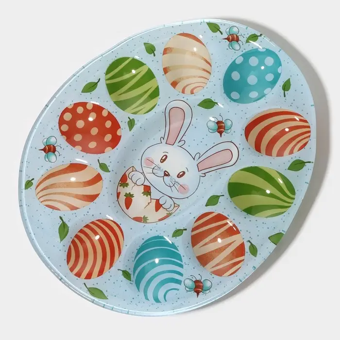 Подставка для яиц Доляна &laquo;Зайка&raquo;, 24&times;20.6 см, 10 ячеек, стекло, голубая