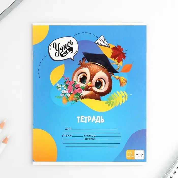 Тетрадь в клетку, 12 листов, А5, на скрепке, блок №1 &laquo;Учись на 5+&raquo; МИКС