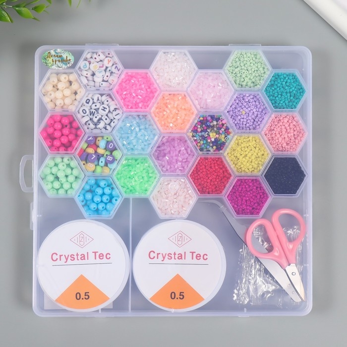 Бисер стекло 8/0, 12/0 в шкатулке  Бисер стекло 8/0, 12/0 в шкатулке "Летний" бусины, леска, ножницы, пинцет 20х20х1,8 см