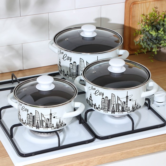 Набор эмалированных кастрюль «Новый город», 3 предмета: 1,5 л, 2,3 л, 3 л, индукция Набор эмалированных кастрюль «Новый город», 3 предмета: 1,5 л, 2,3 л, 3 л, индукция