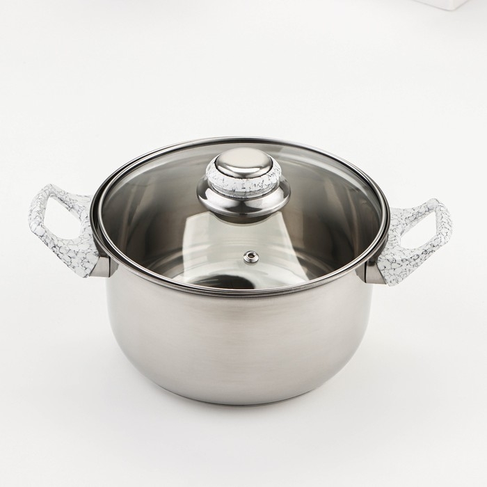 Набор посуды из нержавеющей стали Доляна «Мрамор», 8 предметов: ковш 1,5 л, 2 кастрюли 2/3 л, сковорода d=24 см, крышки, стенки 0,3 мм, дно 5 мм