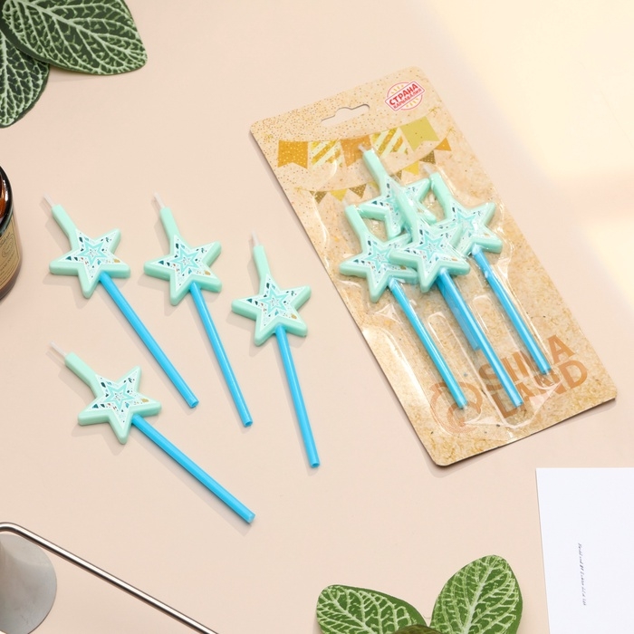 Свечи для торта, 4 шт Свечи для торта, 4 шт "Волшебная палочка. Звёзды", голубой