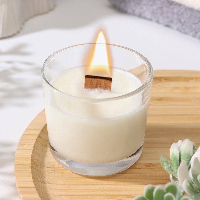 Свеча из соевого воска в стакане с деревянным фитилем  Свеча из соевого воска в стакане с деревянным фитилем "Нежный кашемир", 65 гр