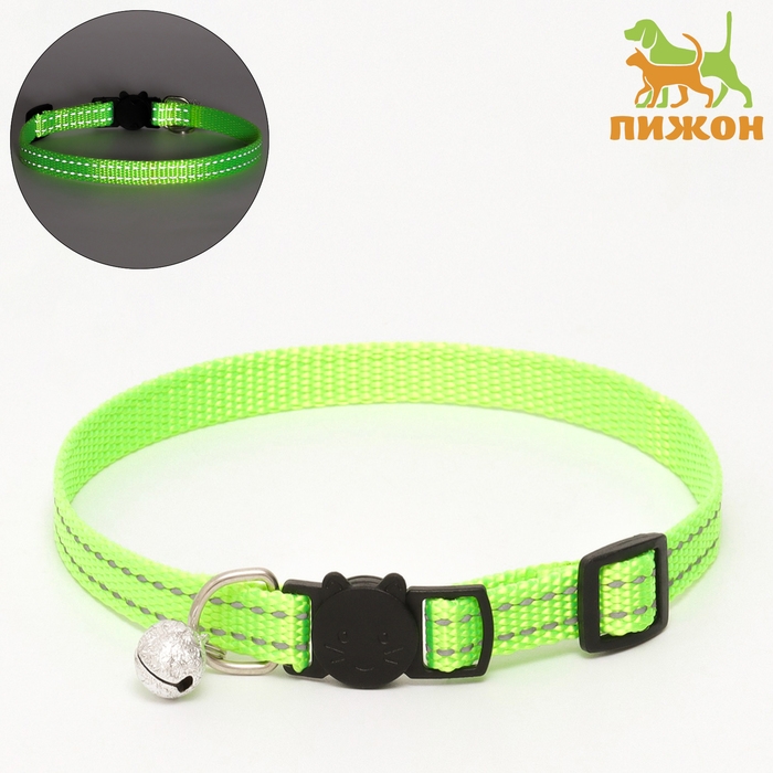 Ошейник кошачий светоотражающий, с серебряным бубенчиком, 19-32 х 1 см, зелёный Ошейник кошачий светоотражающий, с серебряным бубенчиком, 19-32 х 1 см, зелёный