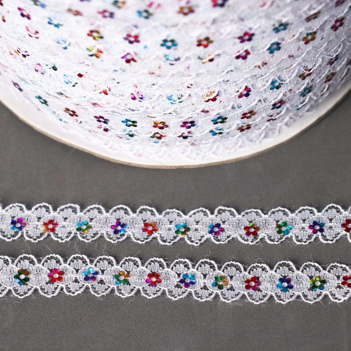 Тесьма гипюровая белая с пайетками 1,5 см, в рулоне 548 м Тесьма гипюровая белая с пайетками 1,5 см, в рулоне 548 м