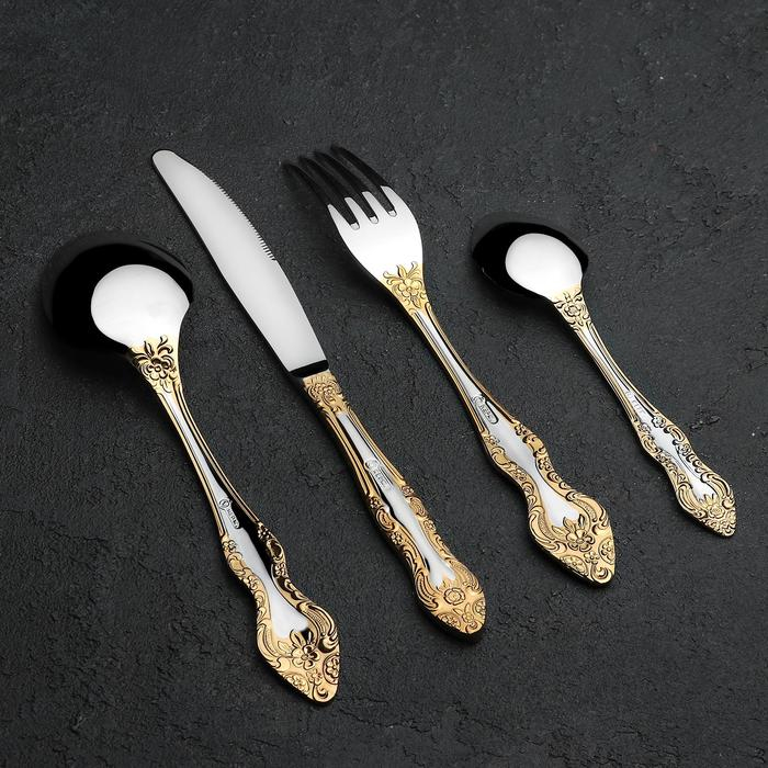 Набор столовых приборов «Тройка», 24 предмета, толщина 2 мм, локальное нитрид-титановое покрытие, декоративная коробка Набор столовых приборов «Тройка», 24 предмета, толщина 2 мм, локальное нитрид-титановое покрытие, декоративная коробка