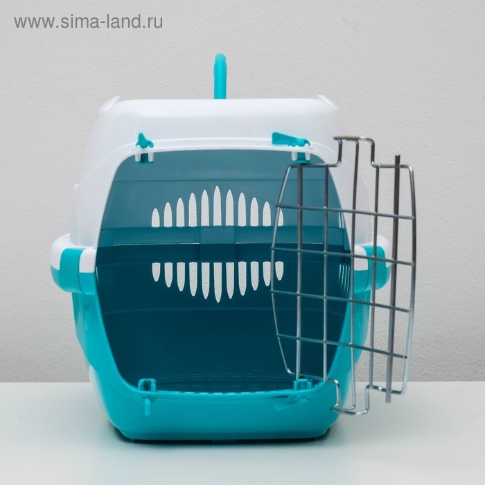 Переноска для животных до 9 кг  Переноска для животных до 9 кг "Пижон", металлическая дверь, 43х29х27,5 см, бело-бирюзовая