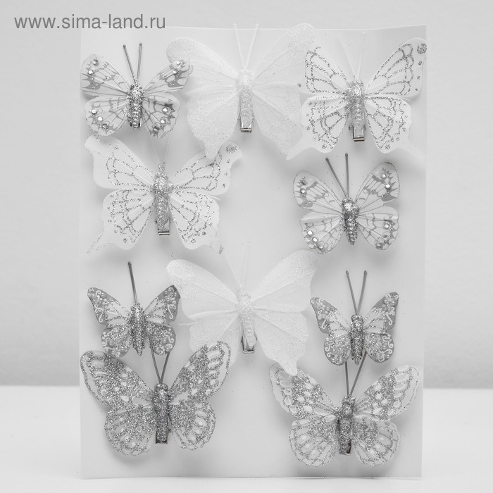 Бабочка для декора и флористики, на прищепке, пластиковая, белый, микс, 1 шт., 4 см и 8 см Бабочка для декора и флористики, на прищепке, пластиковая, белый, микс, 1 шт., 4 см и 8 см