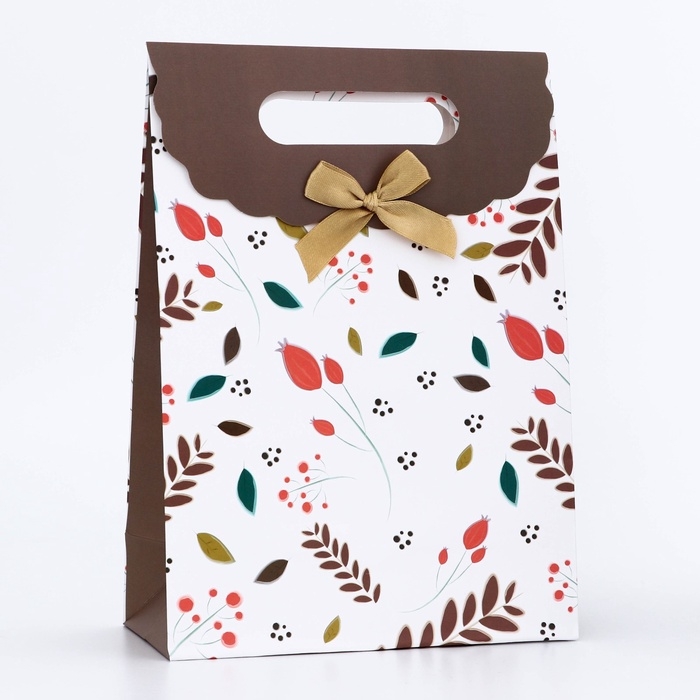 Подарочная коробка-пакет, упаковка с вырубной ручкой, Подарочная коробка-пакет, упаковка с вырубной ручкой, "Весенняя композиция" , 19 х 9 х 27 см