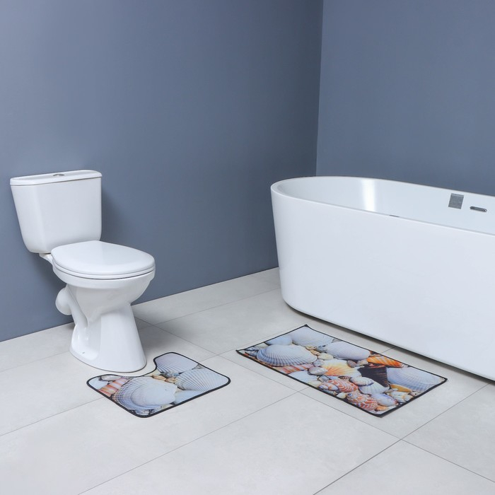 Коврики для ванной и туалета Доляна «Ракушки», 2 шт: 40×45 см, 45×75 см