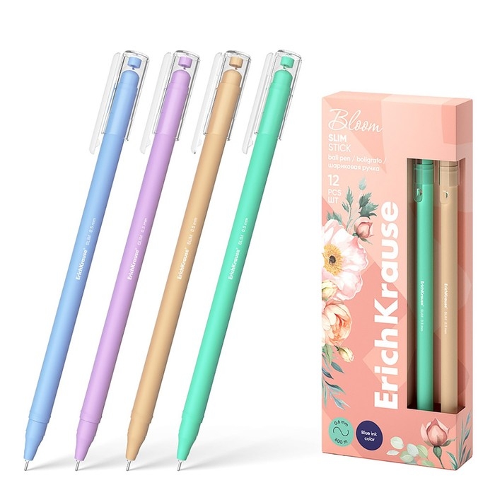 Ручка шариковая ErichKrause Slim Stick Ручка шариковая ErichKrause Slim Stick "Pastel Bloom", игольчатый узел 0.7 мм, синяя, тонкий дизайн Soft Touch, микс