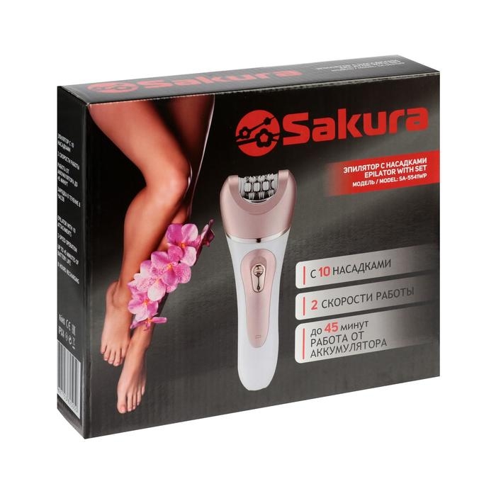 Эпилятор Sakura SA-5541WP, 10 насадок, 2 скорости, подсветка, АКБ, розово-белый Эпилятор Sakura SA-5541WP, 10 насадок, 2 скорости, подсветка, АКБ, розово-белый
