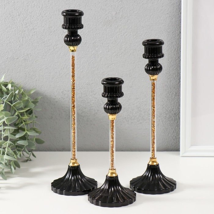 Подсвечник стекло на 1 свечу Подсвечник стекло на 1 свечу "Арти" d=2 см н-р 3 шт, чёрный с золотом 8х8х30,5;25,5;20,5 см 99256