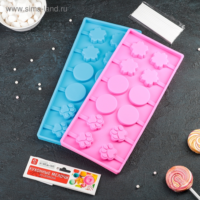 Форма для леденцов Доляна «Вкусная сладость», силикон, 26,5×11,5 см, 12 ячеек (d=3,5 см), с палочками, цвет МИКС Форма для леденцов Доляна «Вкусная сладость», силикон, 26,5×11,5 см, 12 ячеек (d=3,5 см), с палочками, цвет МИКС