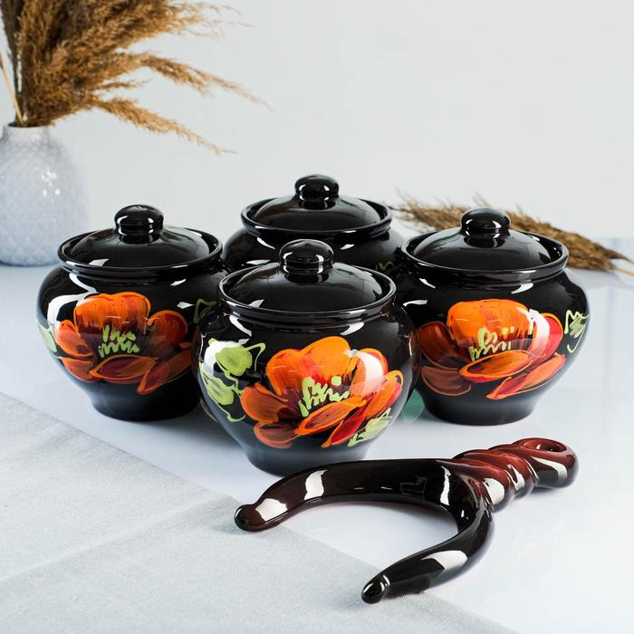 Набор горшков  Набор горшков "Подарочный с ухватом" 4х0,85л / 27х21х13см, мак на черном