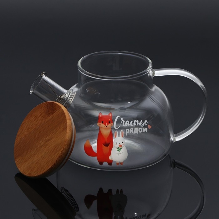 Чайник стеклянный заварочный с бамбуковой крышкой «Счастье рядом», 800 мл Чайник стеклянный заварочный с бамбуковой крышкой «Счастье рядом», 800 мл
