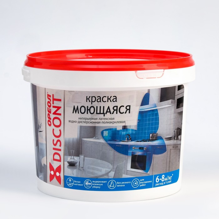 Краска водно-дисперсионная ОРЕОЛ Дисконт для внутренних работ моющаяся 3кг Краска водно-дисперсионная ОРЕОЛ Дисконт для внутренних работ моющаяся 3кг