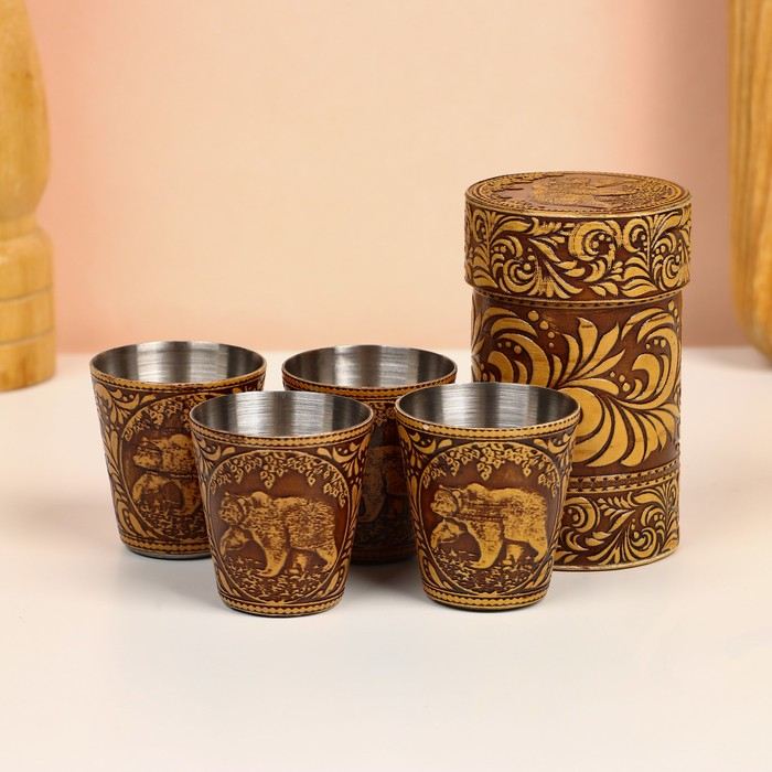 Набор стопок «Медведь», 4 шт, в футляре, 4,5×4,5×9 см, береста Набор стопок «Медведь», 4 шт, в футляре, 4,5×4,5×9 см, береста