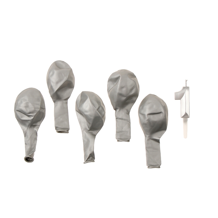 Свечи для торта + 5 шаров, цифра 1, серебро Свечи для торта + 5 шаров, цифра 1, серебро