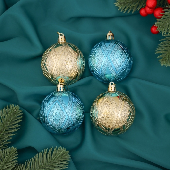 Набор шаров пластик d-6 см, 4 шт Набор шаров пластик d-6 см, 4 шт "Цветение" золотисто-голубой