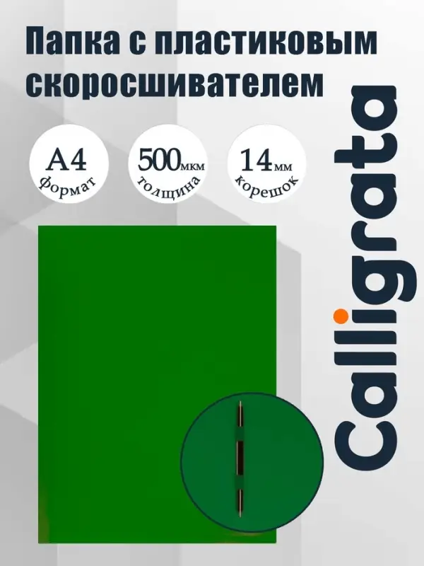 Папка с пластиковым скоросшивателем А4, 500 мкм, корешок 14 мм, Calligrata, до 100 листов, зелёная