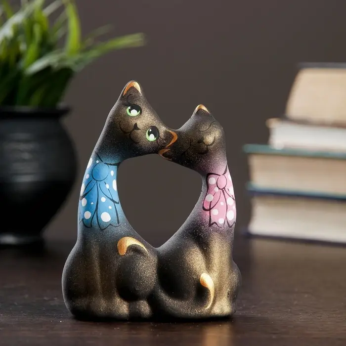 Фигурка керамика &laquo;Коты Влюбленные с бантиками&raquo;, чёрные, 5&times;9&times;12 см