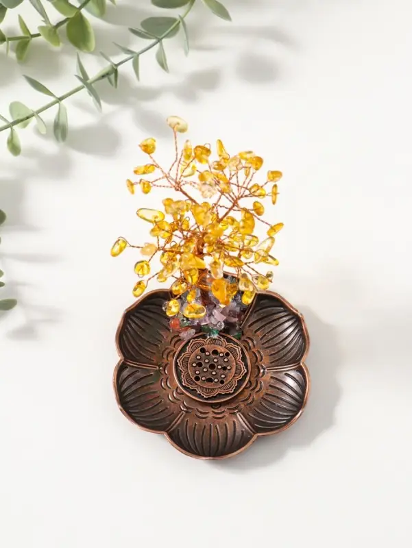 Подставка под благовония "Дерево на цветке" жёлтый 72 камня 9х9х13,5 см