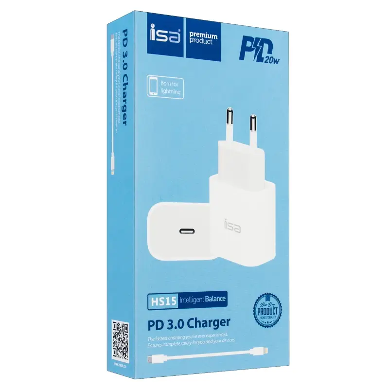 Сетевое зарядное устройство с кабелем Type-C на Lightning PD20W HS15 ISA белое