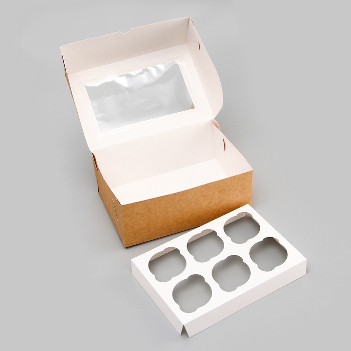 Коробка для 6 капкейков с окном, крафт, 25 х 17 х 10 см Коробка для 6 капкейков с окном, крафт, 25 х 17 х 10 см