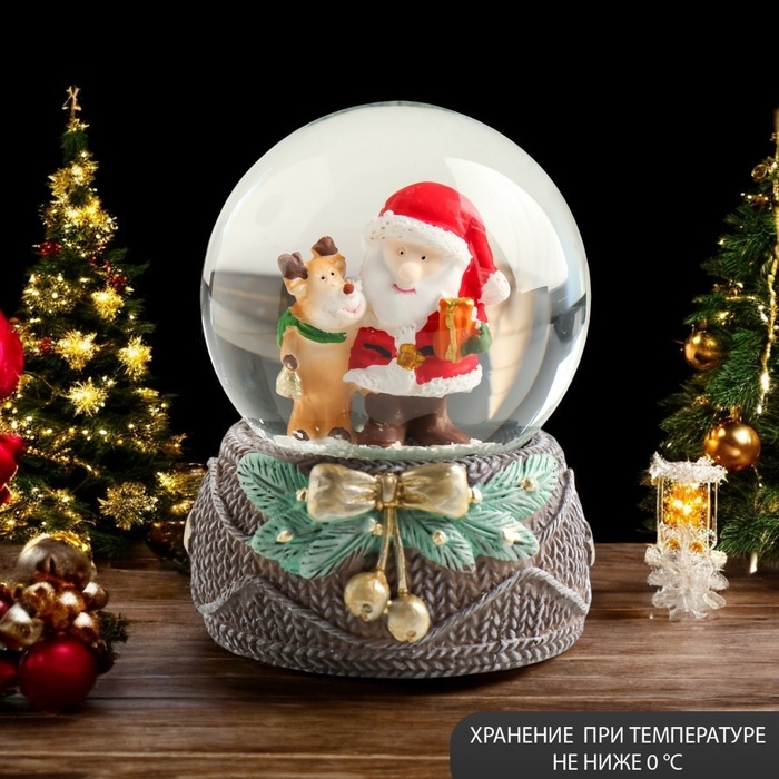 Сувенир полистоун водяной шар Сувенир полистоун водяной шар "Дед Мороз с олешкой в лесу" 7х7х9 см