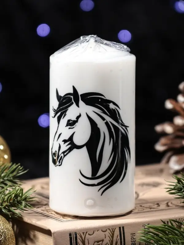 Свеча столб 50*100 мм с накаткой "Символ года" , Лошадь белая
