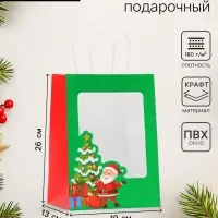 Пакет подарочный новогодний крафт, с окном &laquo;Дед мороз&raquo; 19&times;26&times;13 см