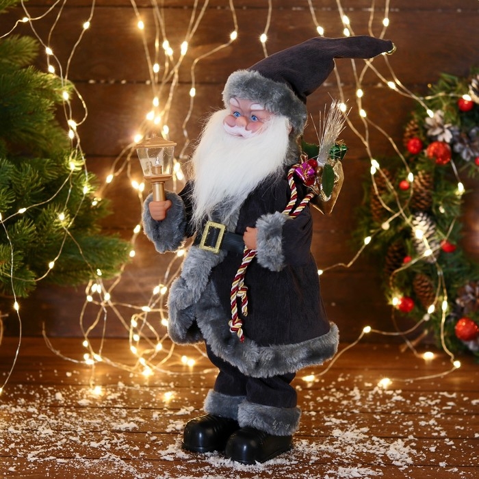Дед Мороз Дед Мороз "В меховом костюме с ремешком и с фонариком" двигается, с подсветкой, 40 см, серый
