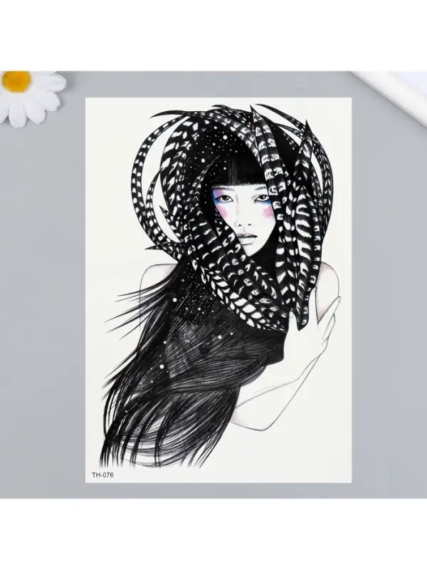 Переводная тату на тело цветная «Девушка в перьях», 21×14.8 см