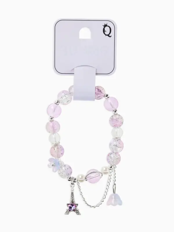 Браслет с подвесками &laquo;Сахарный. Башня с цветами&raquo;, d=6 см, шар №10/8, фиолетовый, розовый в серебре