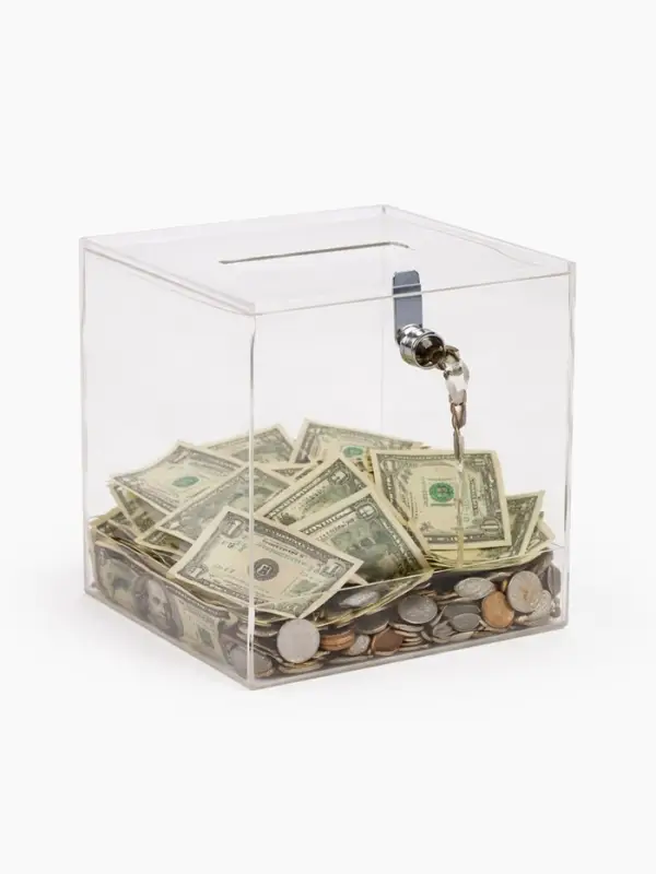 Ящик для сбора денег с врезным замком, отверстие 100&times;4 мм, оргстекло 2 мм, 20&times;20&times;20 см