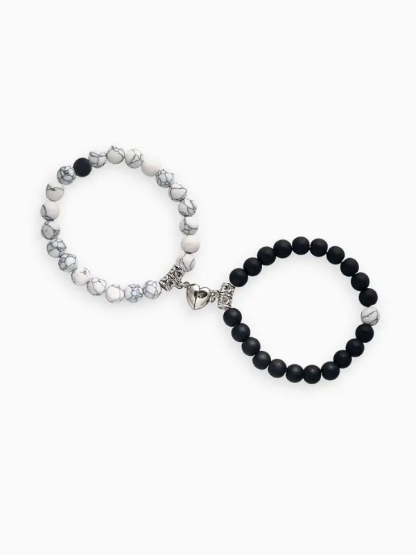 Браслеты парные &laquo;Неразлучники&raquo; на магните, сердце, чёрно-белые в серебре, d=6 см