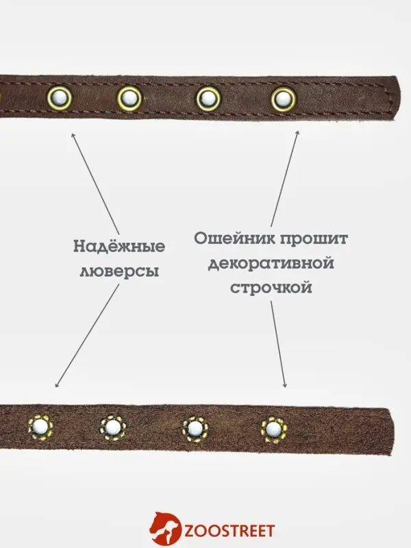 Ошейник безразмерный, 35&times;1.5 см, с подпряжником, кожа, коричневый