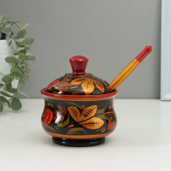 Сахарница дерево хохлома &laquo;Красота&raquo; с ложкой, 10&times;9 см