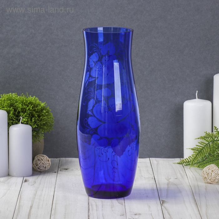 Ваза С-64 h 260 мм. из синего стекла (ручная роспись) рис. № 15 (Бел.) Ваза С-64 h 260 мм. из синего стекла (ручная роспись) рис. № 15 (Бел.)