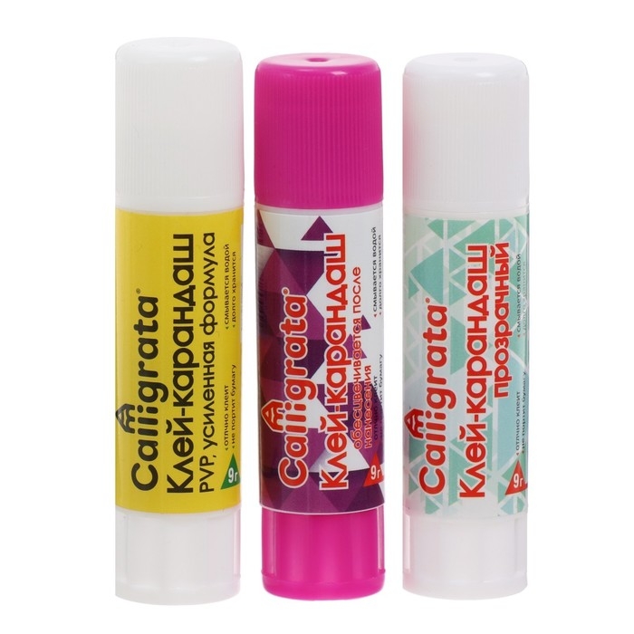 Клей-карандаш 9 грамм, набор 3 штуки, (PVP, PVA,PVA цветной) Клей-карандаш 9 грамм, набор 3 штуки, (PVP, PVA,PVA цветной)