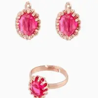 Гарнитур 3 предмета: серьги, кулон, кольцо безразмерное &laquo;Эдель&raquo;, овал, ярко-розовые в золоте, 45 см