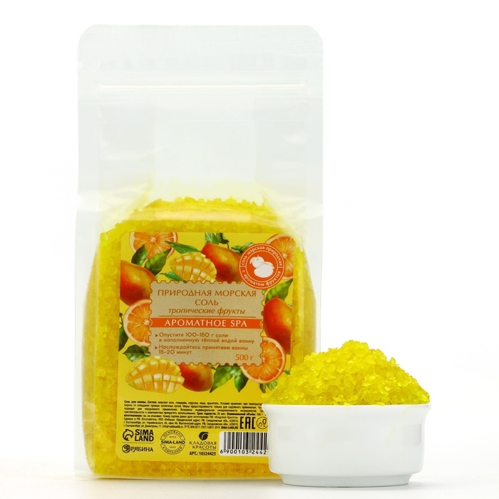 Природная морская соль для ванны, 500 г, аромат тропических фруктов, КЛАДОВАЯ КРАСОТЫ Природная морская соль для ванны, 500 г, аромат тропических фруктов, КЛАДОВАЯ КРАСОТЫ