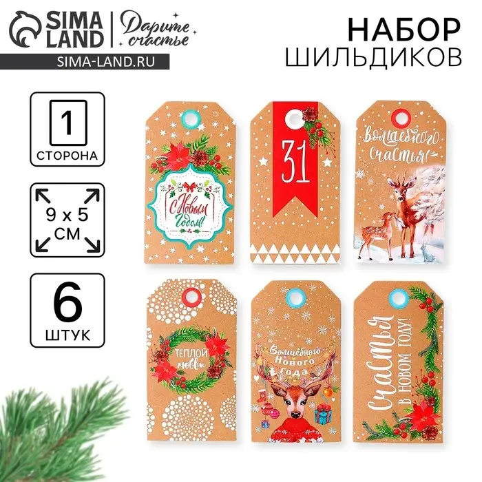 Шильдик декоративный в наборе «Счастья в Новом Году», 9 х 5 см, 6 шт